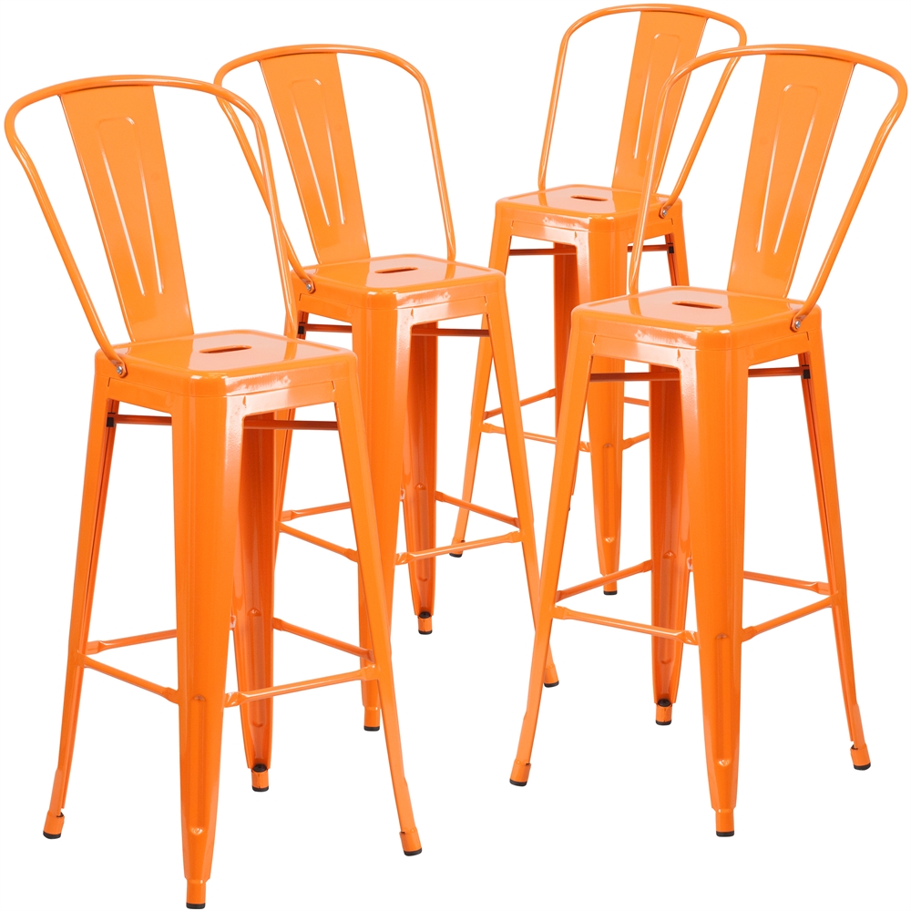 4 Pk. 30'' High Orange Metal Indoor-Outdoor Barstool with Back. Picture 1