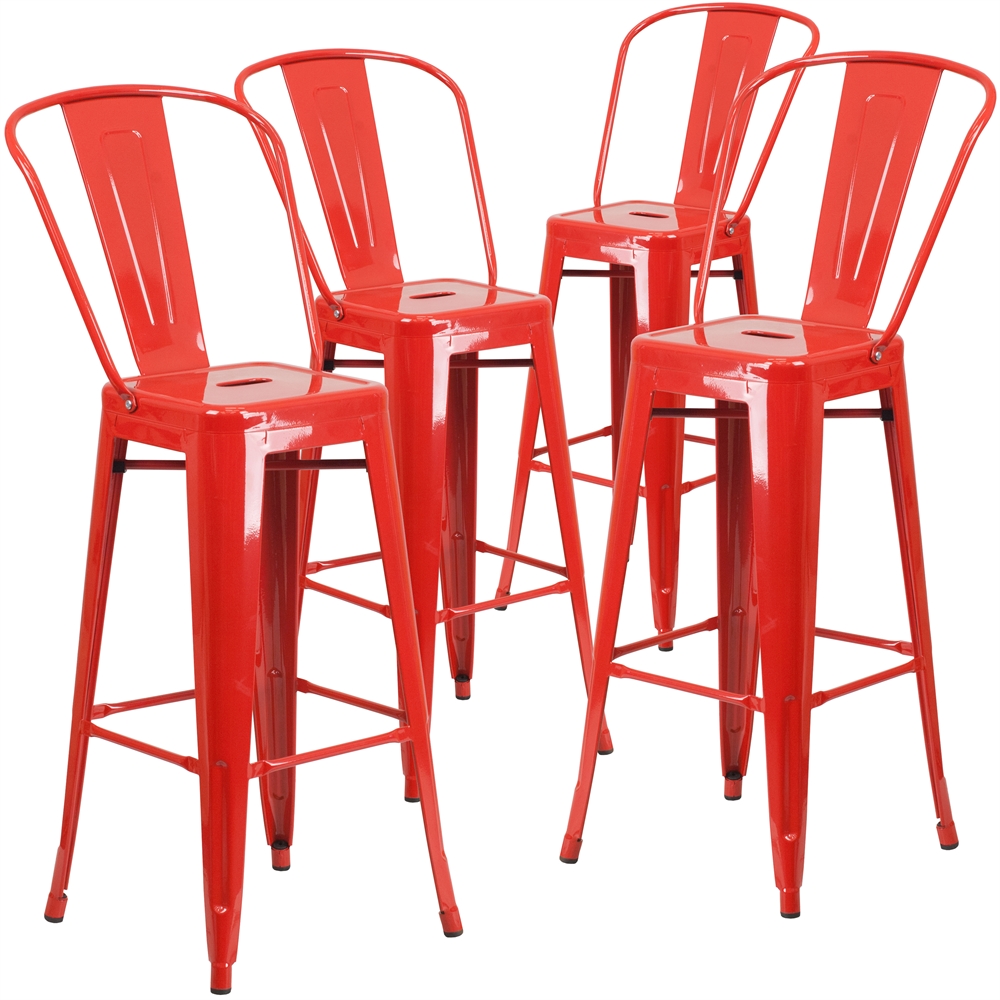 4 Pk. 30'' High Red Metal Indoor-Outdoor Barstool with Back. Picture 1