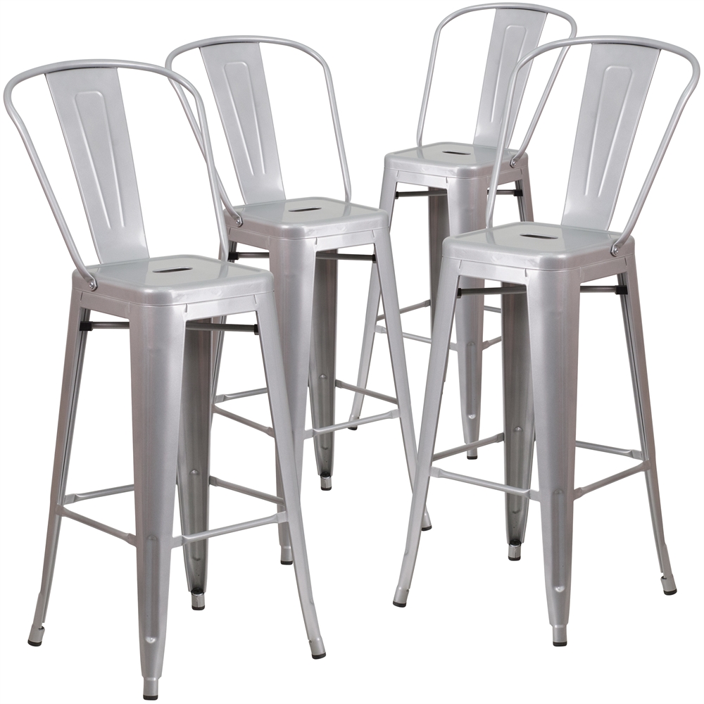 4 Pk. 30'' High Silver Metal Indoor-Outdoor Barstool with Back. The main picture.