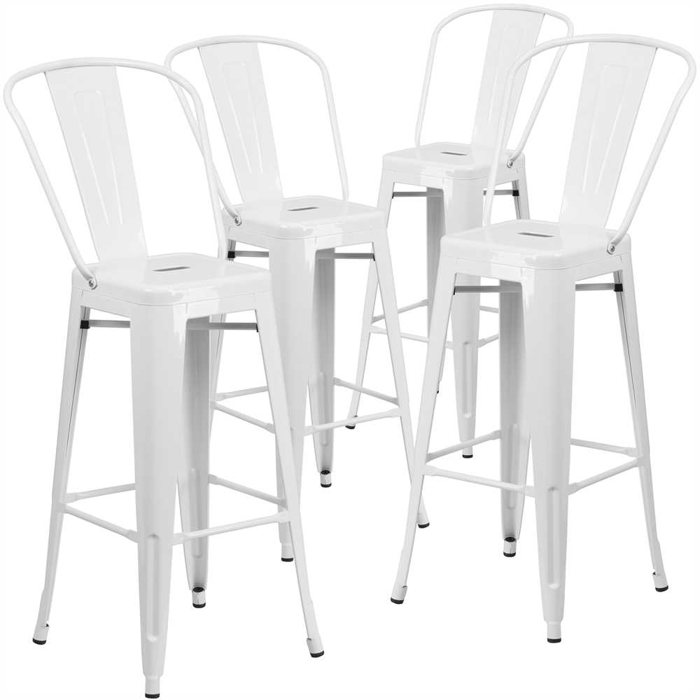 4 Pk. 30'' High White Metal Indoor-Outdoor Barstool with Back. Picture 1