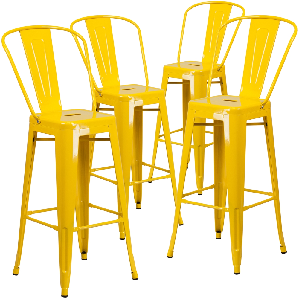 4 Pk. 30'' High Yellow Metal Indoor-Outdoor Barstool with Back. Picture 1