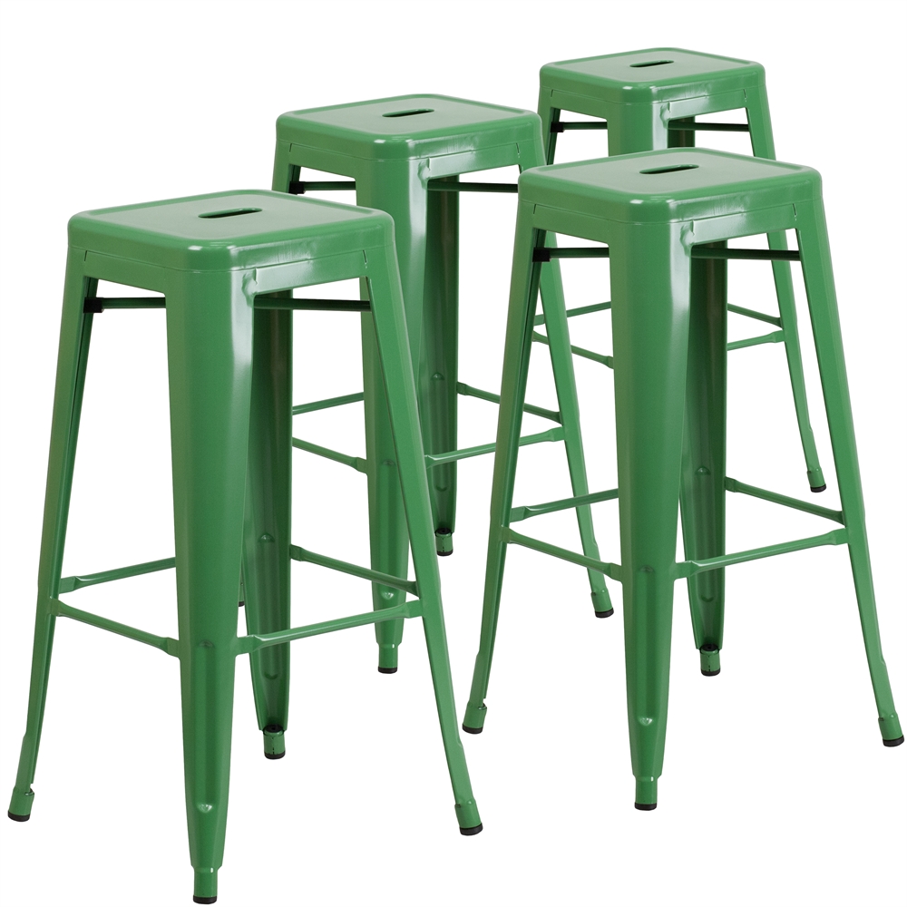 4 Pk. 30'' High Backless Green Metal Indoor-Outdoor Barstool with Square Seat. The main picture.