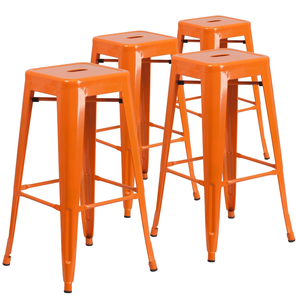 4 Pk. 30'' High Backless Orange Metal Indoor-Outdoor Barstool with Square Seat. Picture 1