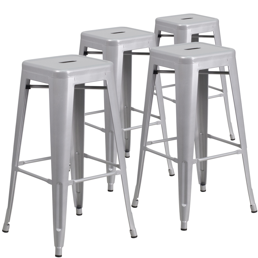 4 Pk. 30'' High Backless Silver Metal Indoor-Outdoor Barstool with Square Seat. The main picture.