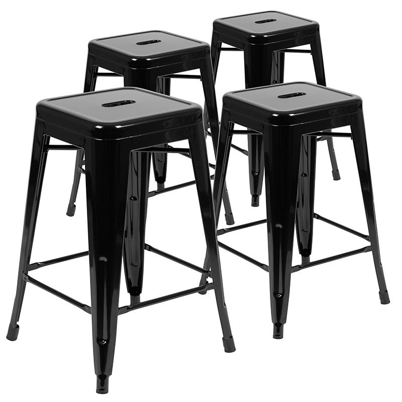 24" High Metal Counter-Height, Indoor Bar Stool in Black - Stackable Set of 4. Picture 1