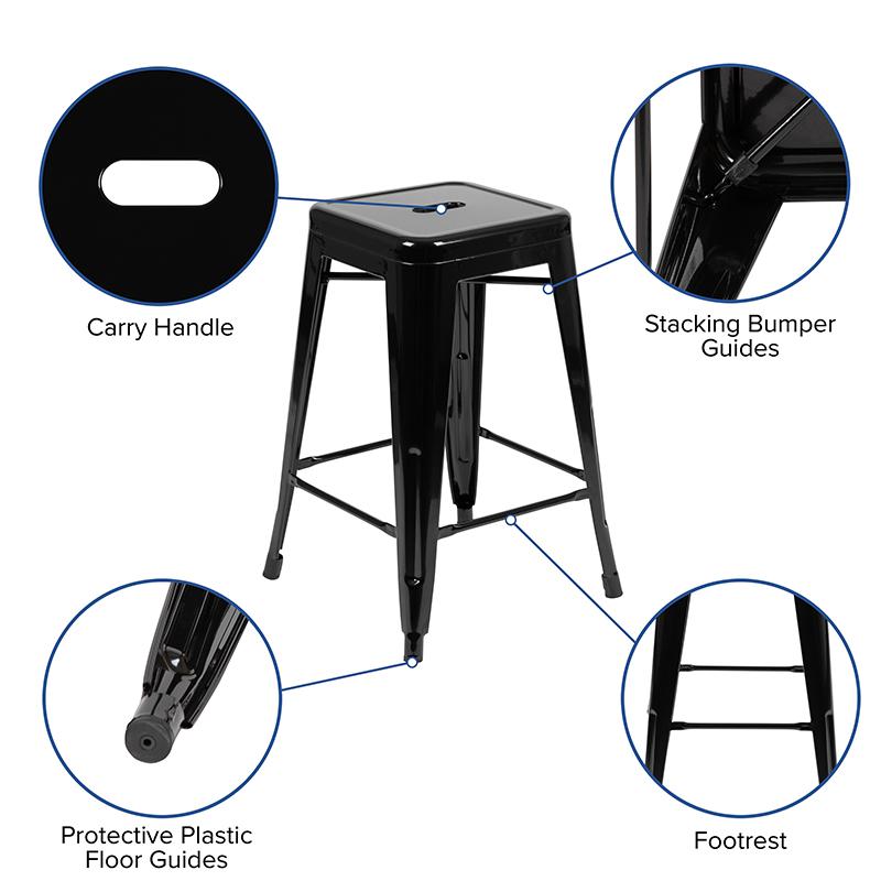 24" High Metal Counter-Height, Indoor Bar Stool in Black - Stackable Set of 4. Picture 4