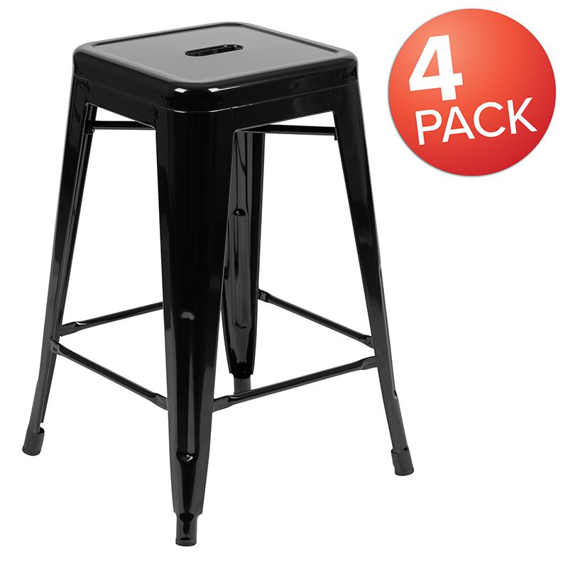 24" High Metal Counter-Height, Indoor Bar Stool in Black - Stackable Set of 4. Picture 2