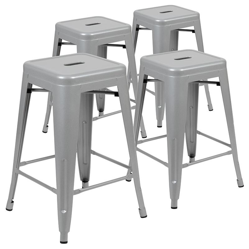24" High Metal Counter-Height, Indoor Bar Stool in Silver - Stackable Set of 4. Picture 1