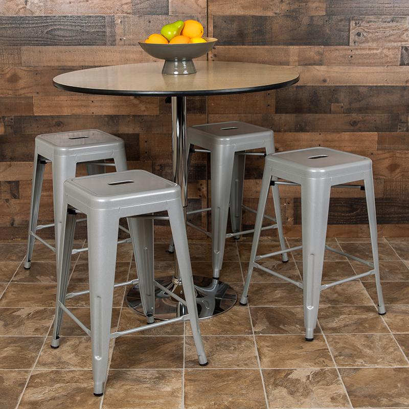 24" High Metal Counter-Height, Indoor Bar Stool in Silver - Stackable Set of 4. Picture 3