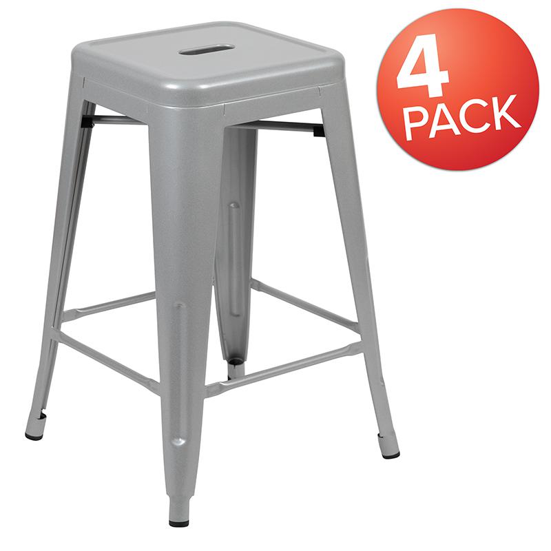 24" High Metal Counter-Height, Indoor Bar Stool in Silver - Stackable Set of 4. Picture 2