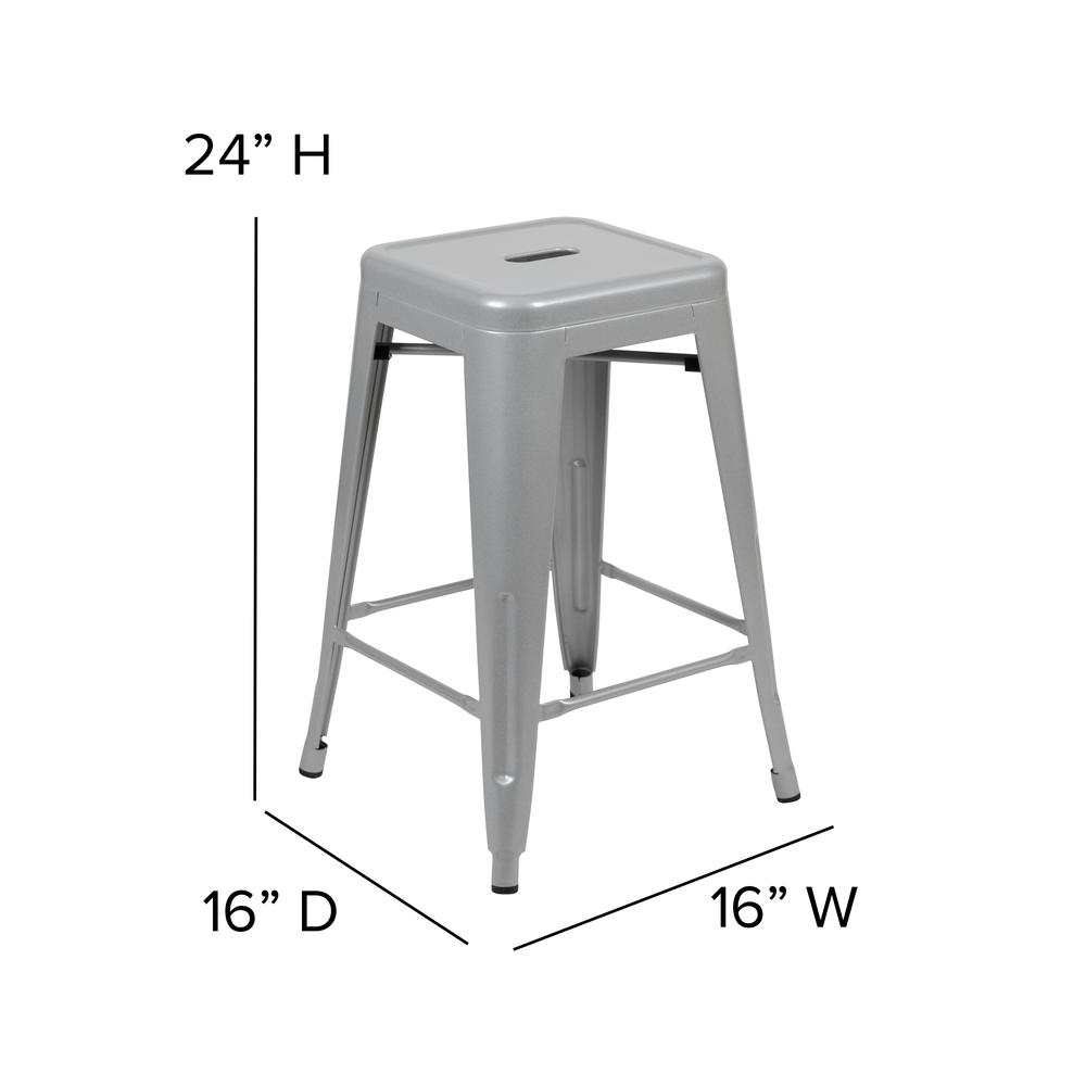 Cierra Set of 4 Commercial Grade 24" High Backless Silver Metal Indoor Counter Height Stools with Gray All-Weather Poly Resin Seats. Picture 5