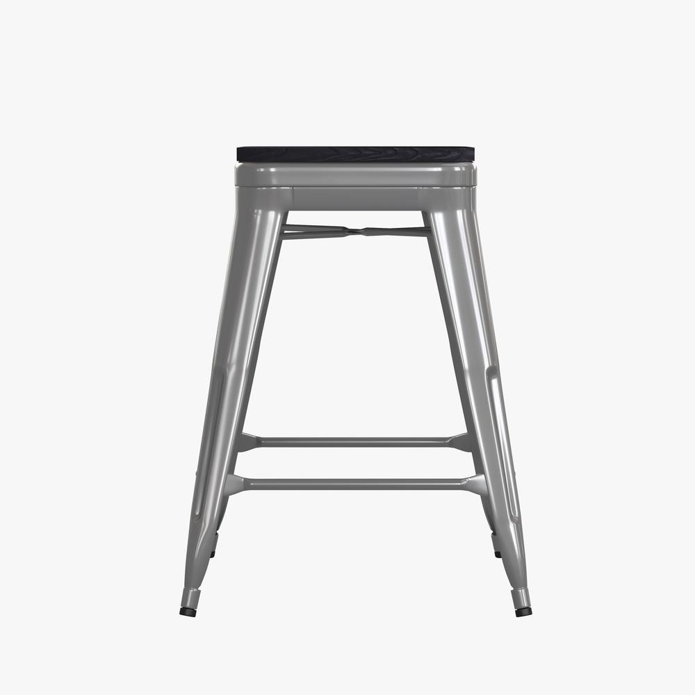 Cierra Set of 4 Commercial Grade 24" High Backless Silver Metal Indoor Counter Height Stools with Gray All-Weather Poly Resin Seats. Picture 10