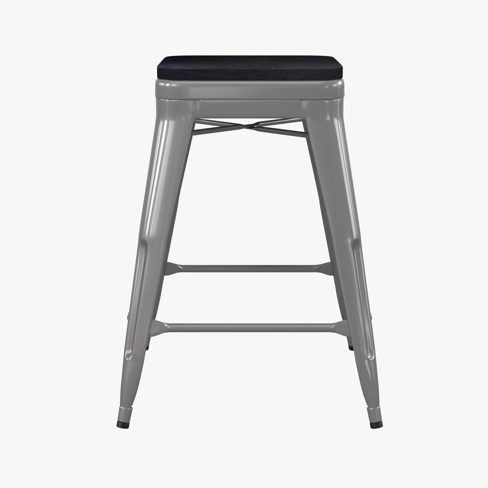 Cierra Set of 4 Commercial Grade 24" High Backless Silver Metal Indoor Counter Height Stools with Gray All-Weather Poly Resin Seats. Picture 9