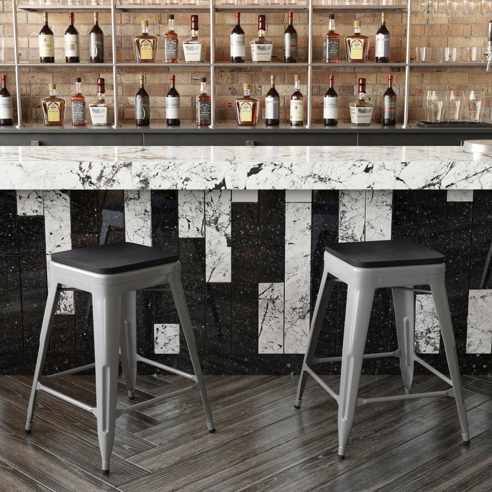 Cierra Set of 4 Commercial Grade 24" High Backless Silver Metal Indoor Counter Height Stools with Gray All-Weather Poly Resin Seats. Picture 7