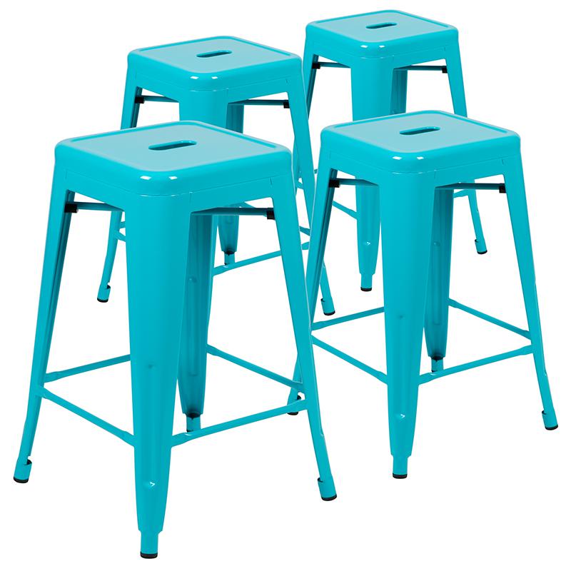 24" High Metal Counter-Height, Indoor Bar Stool in Teal - Stackable Set of 4. Picture 1