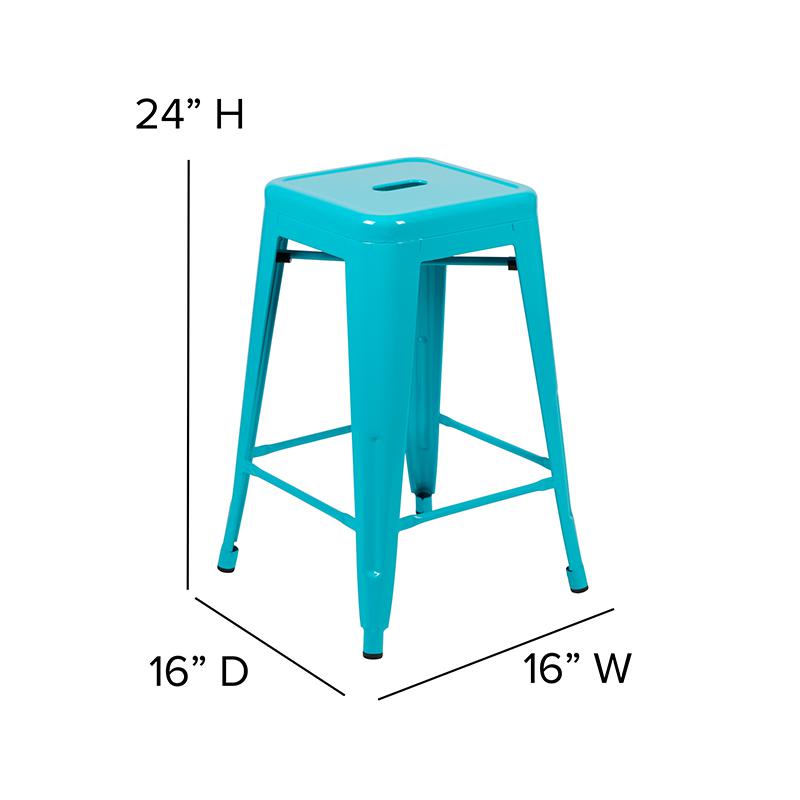 24" High Metal Counter-Height, Indoor Bar Stool in Teal - Stackable Set of 4. Picture 5