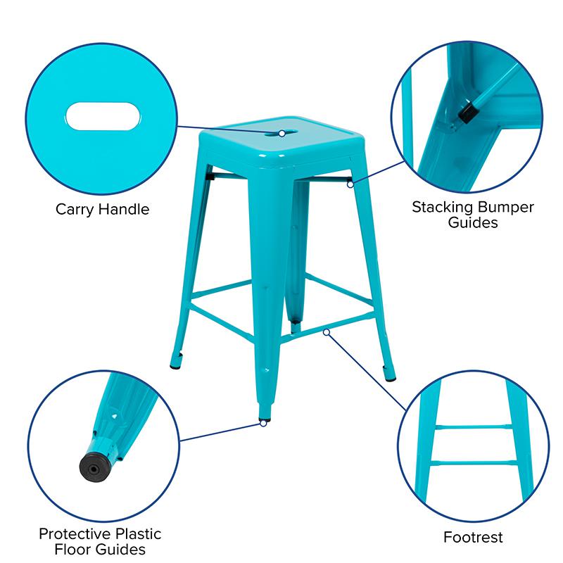24" High Metal Counter-Height, Indoor Bar Stool in Teal - Stackable Set of 4. Picture 4