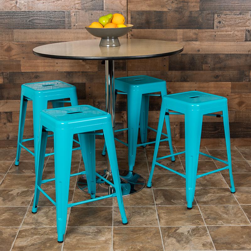 24" High Metal Counter-Height, Indoor Bar Stool in Teal - Stackable Set of 4. Picture 3