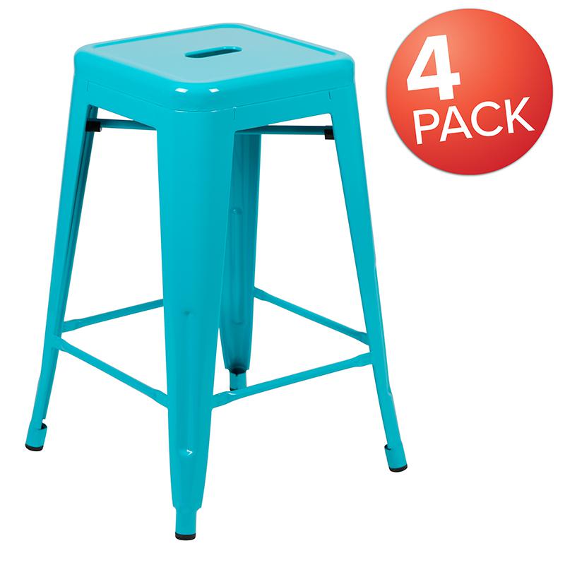 24" High Metal Counter-Height, Indoor Bar Stool in Teal - Stackable Set of 4. Picture 2