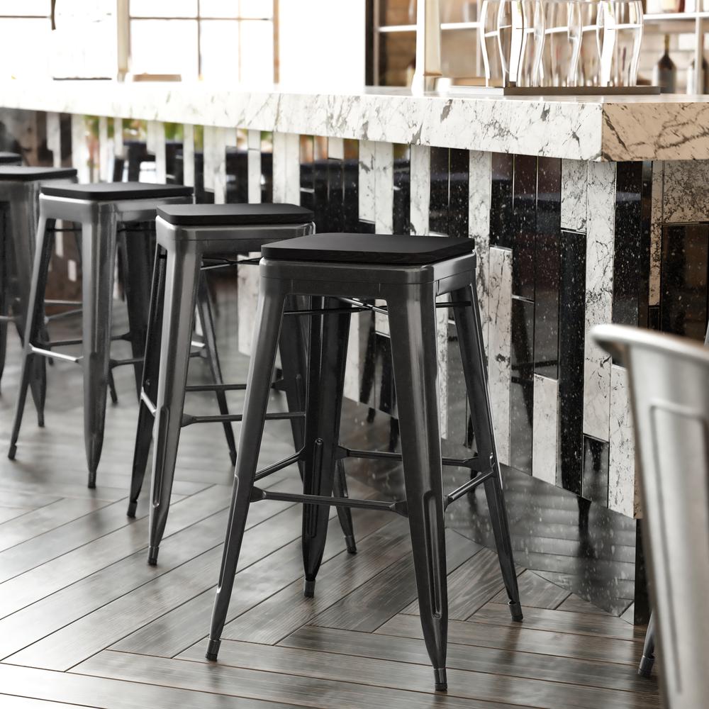 Cierra Set of 4 Commercial Grade 30" High Backless Black Metal Indoor Bar Height Stools with Black All-Weather Poly Resin Seats. Picture 1