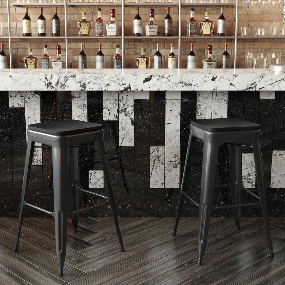 Cierra Set of 4 Commercial Grade 30" High Backless Black Metal Indoor Bar Height Stools with Black All-Weather Poly Resin Seats. Picture 7
