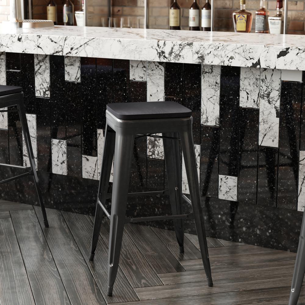 Cierra Set of 4 Commercial Grade 30" High Backless Black Metal Indoor Bar Height Stools with Black All-Weather Poly Resin Seats. Picture 8