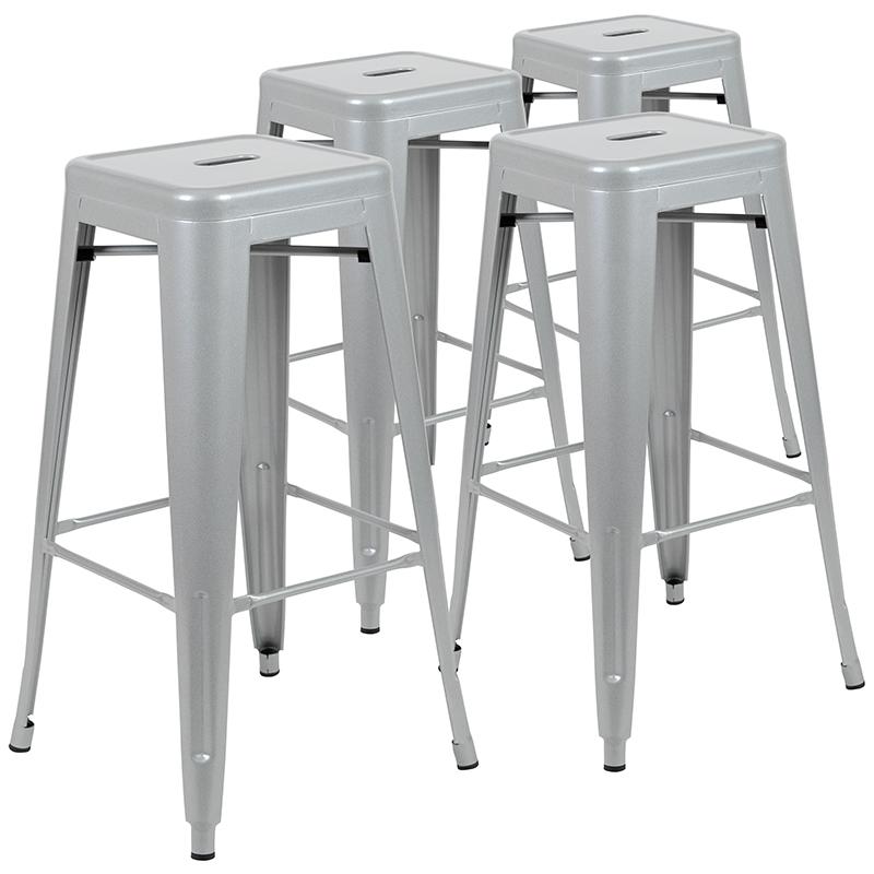 30" High Metal Indoor Bar Stool in Silver - Stackable Set of 4. Picture 1