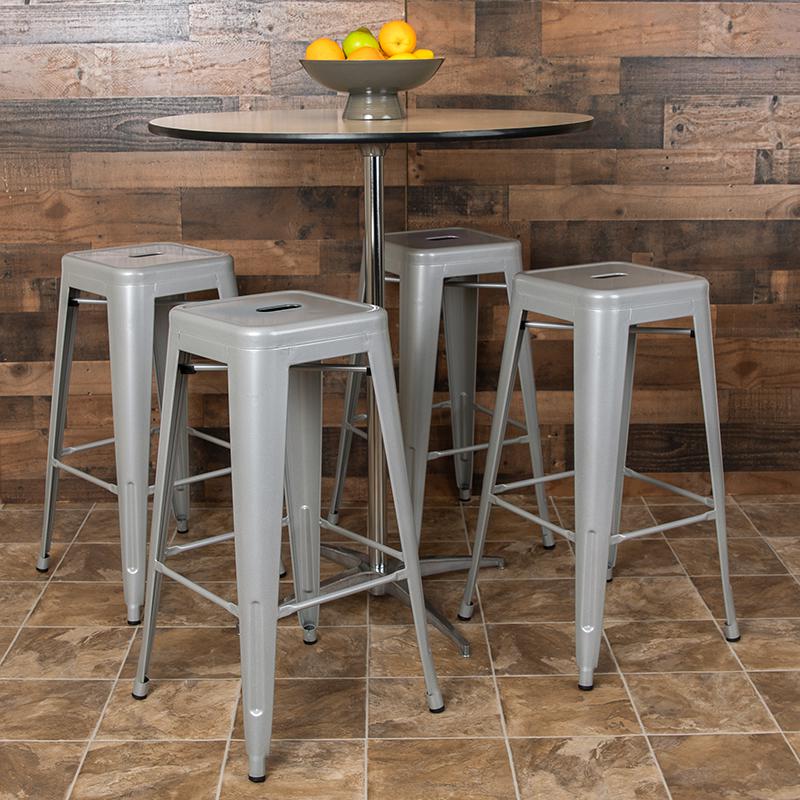 30" High Metal Indoor Bar Stool in Silver - Stackable Set of 4. Picture 3
