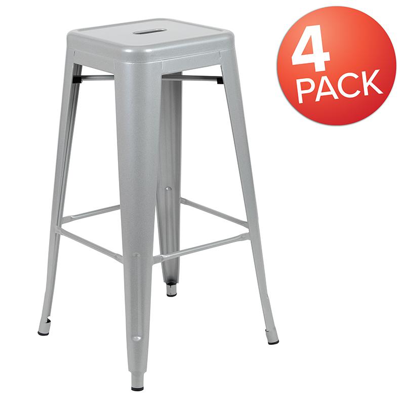 30" High Metal Indoor Bar Stool in Silver - Stackable Set of 4. Picture 2