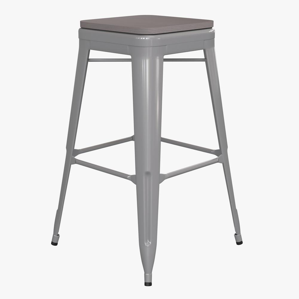 Cierra Set of 4 Commercial Grade 30" High Backless Silver Metal Indoor Bar Height Stools with Gray All-Weather Poly Resin Seats. Picture 2