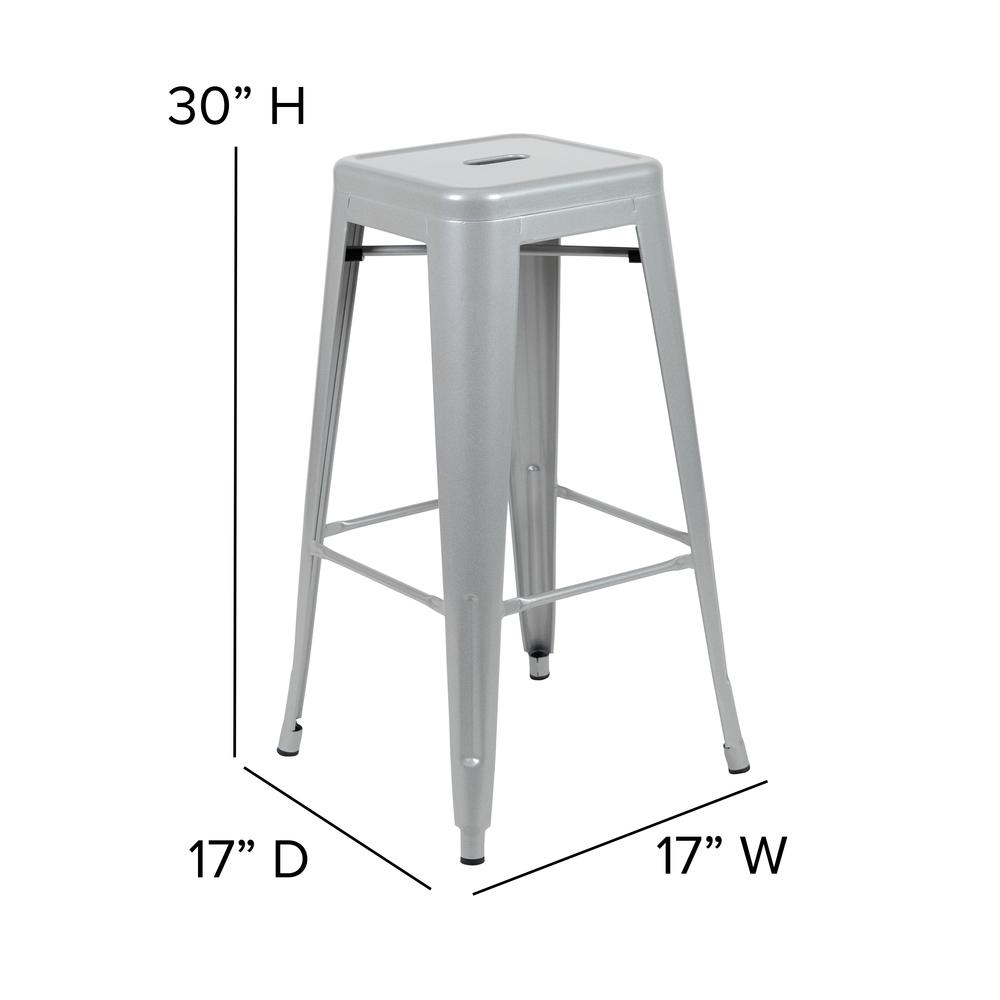 Cierra Set of 4 Commercial Grade 30" High Backless Silver Metal Indoor Bar Height Stools with Gray All-Weather Poly Resin Seats. Picture 5