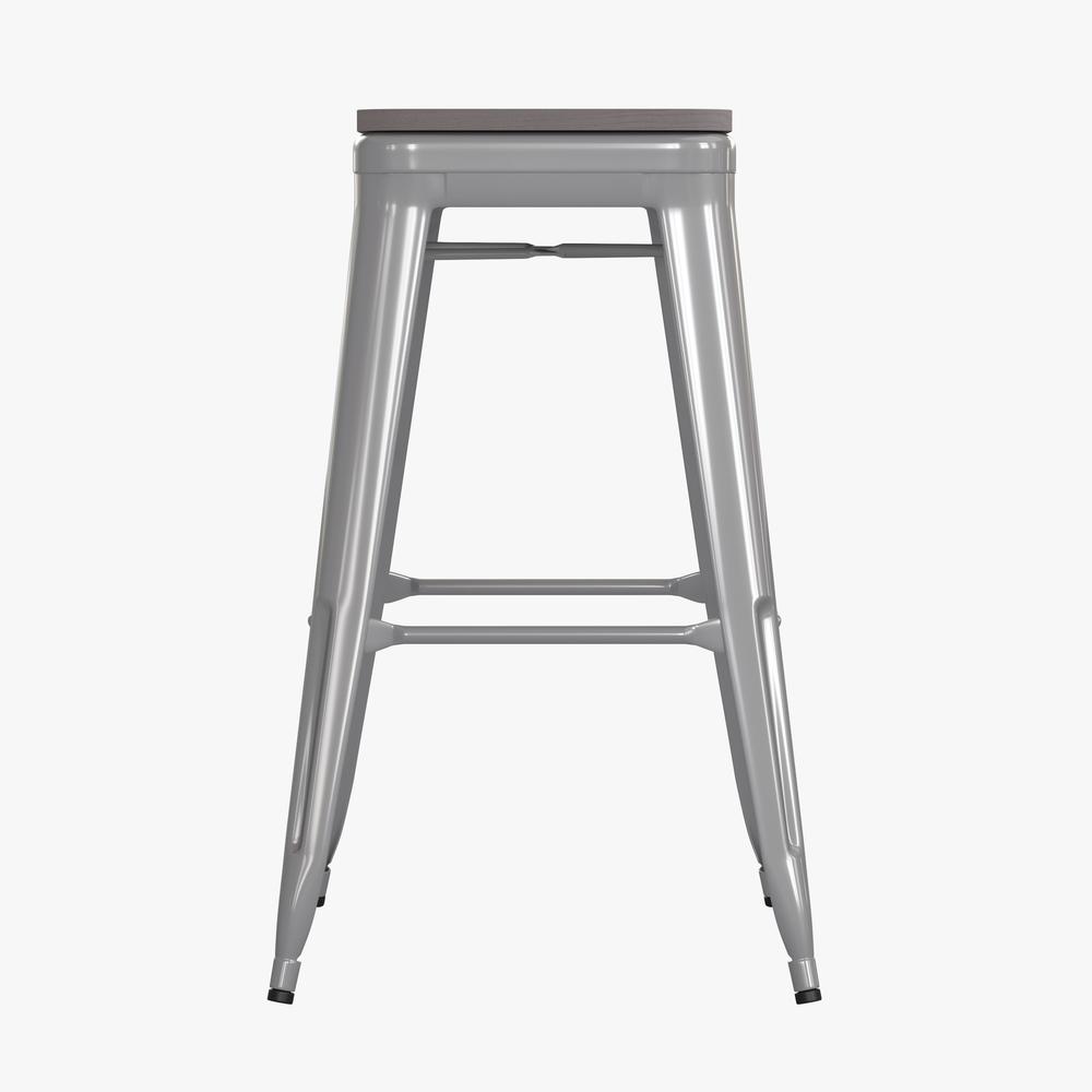 Cierra Set of 4 Commercial Grade 30" High Backless Silver Metal Indoor Bar Height Stools with Gray All-Weather Poly Resin Seats. Picture 10