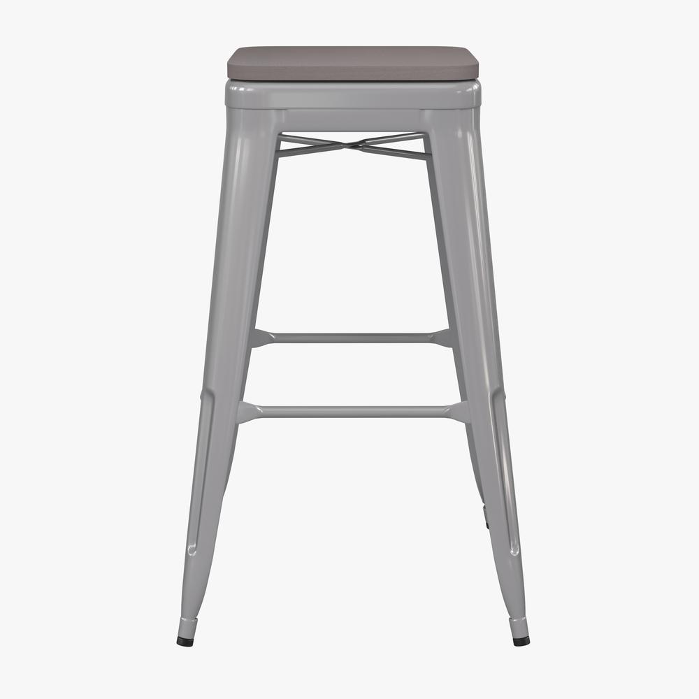 Cierra Set of 4 Commercial Grade 30" High Backless Silver Metal Indoor Bar Height Stools with Gray All-Weather Poly Resin Seats. Picture 9