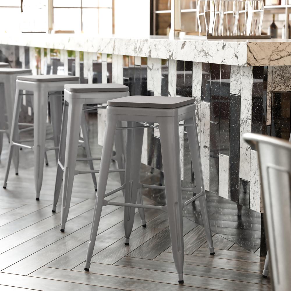Cierra Set of 4 Commercial Grade 30" High Backless Silver Metal Indoor Bar Height Stools with Gray All-Weather Poly Resin Seats. Picture 1