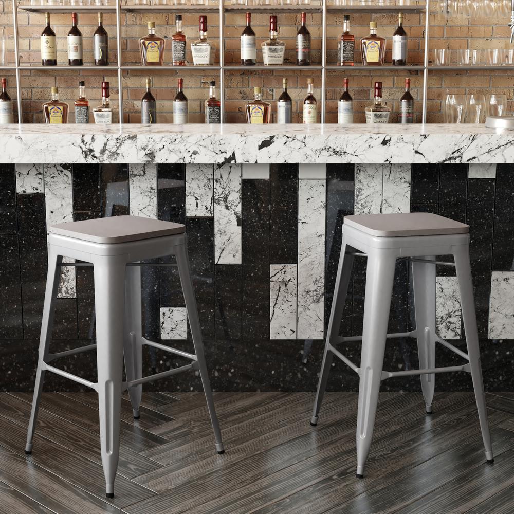 Cierra Set of 4 Commercial Grade 30" High Backless Silver Metal Indoor Bar Height Stools with Gray All-Weather Poly Resin Seats. Picture 7