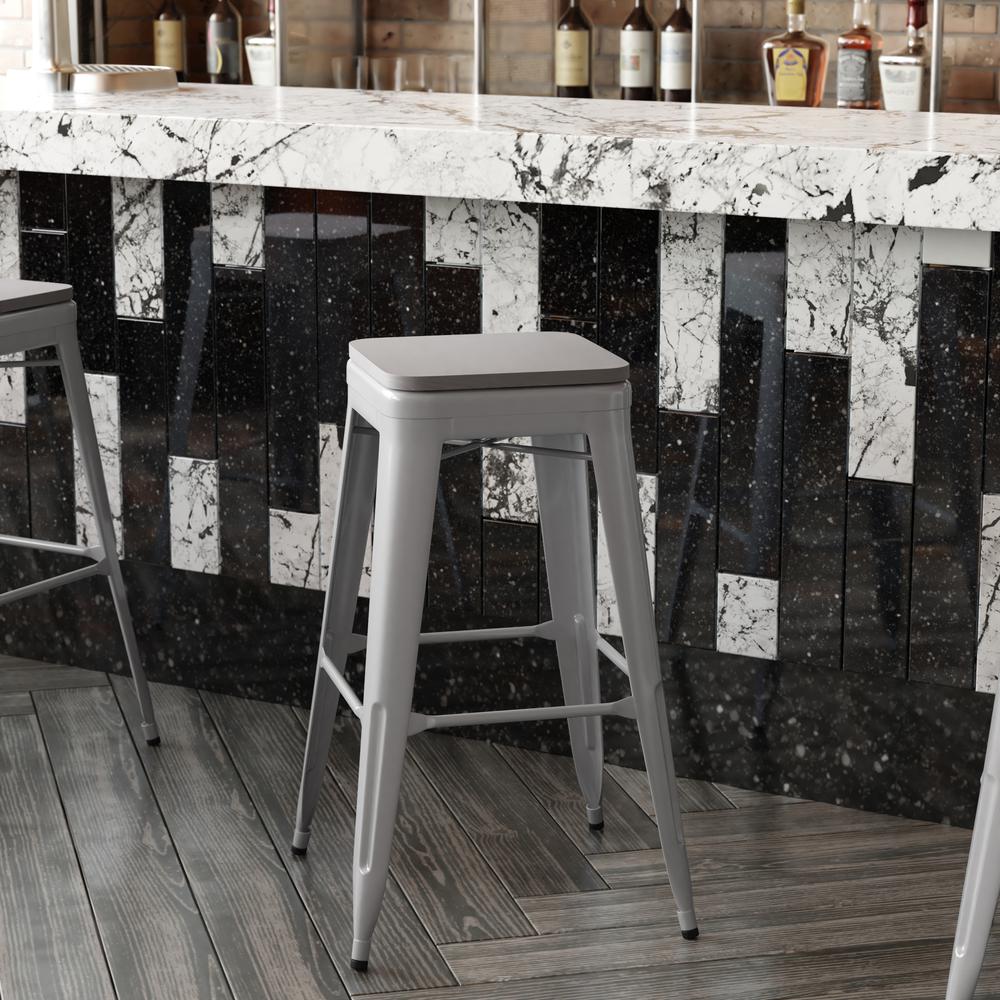 Cierra Set of 4 Commercial Grade 30" High Backless Silver Metal Indoor Bar Height Stools with Gray All-Weather Poly Resin Seats. Picture 8