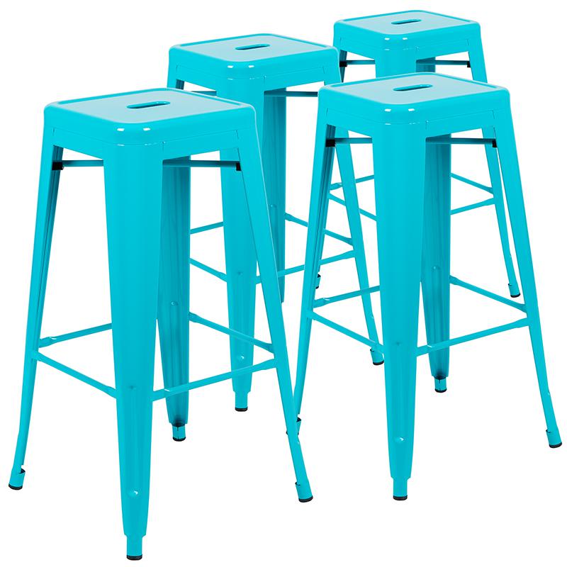 30" High Metal Indoor Bar Stool in Teal - Stackable Set of 4. Picture 1