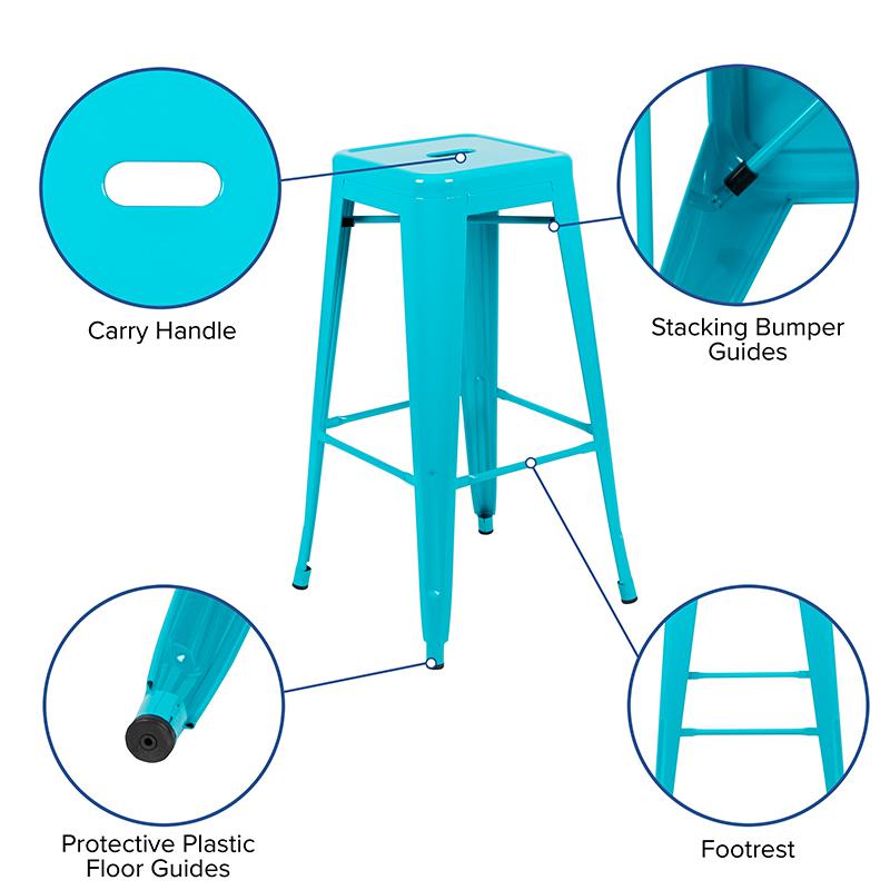 30" High Metal Indoor Bar Stool in Teal - Stackable Set of 4. Picture 4