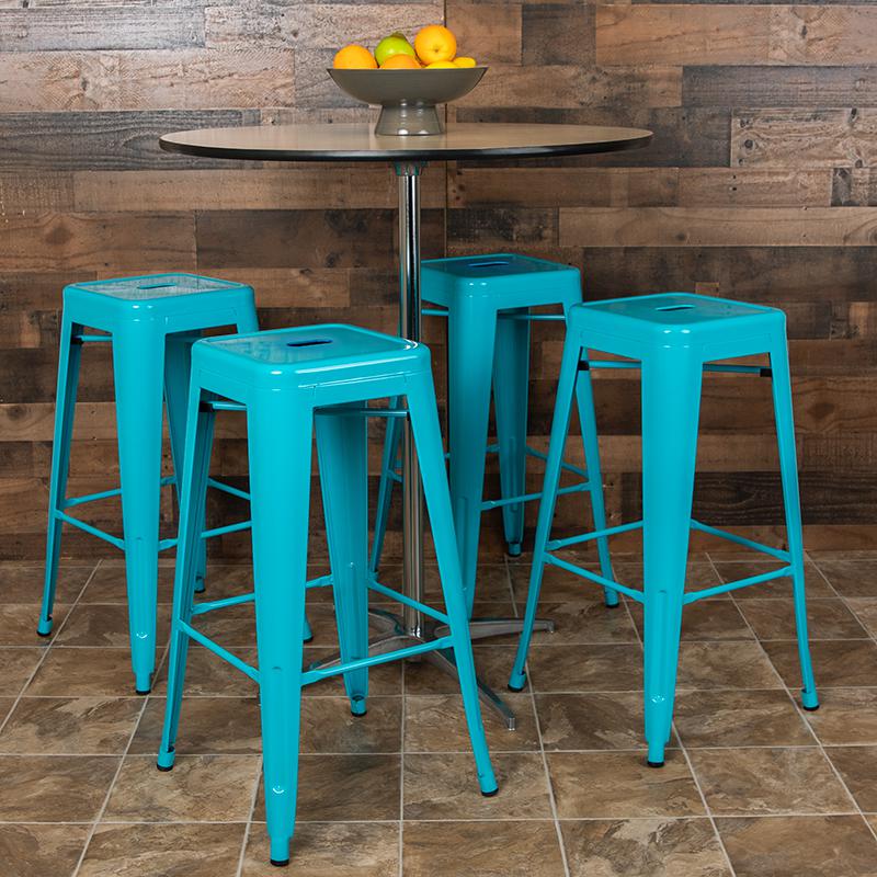 30" High Metal Indoor Bar Stool in Teal - Stackable Set of 4. Picture 3