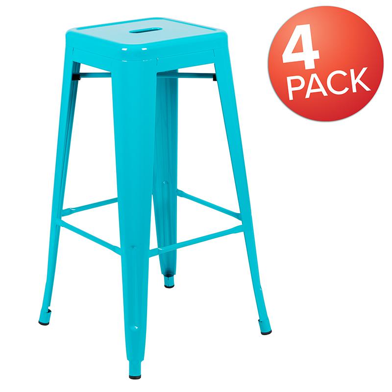 30" High Metal Indoor Bar Stool in Teal - Stackable Set of 4. Picture 2