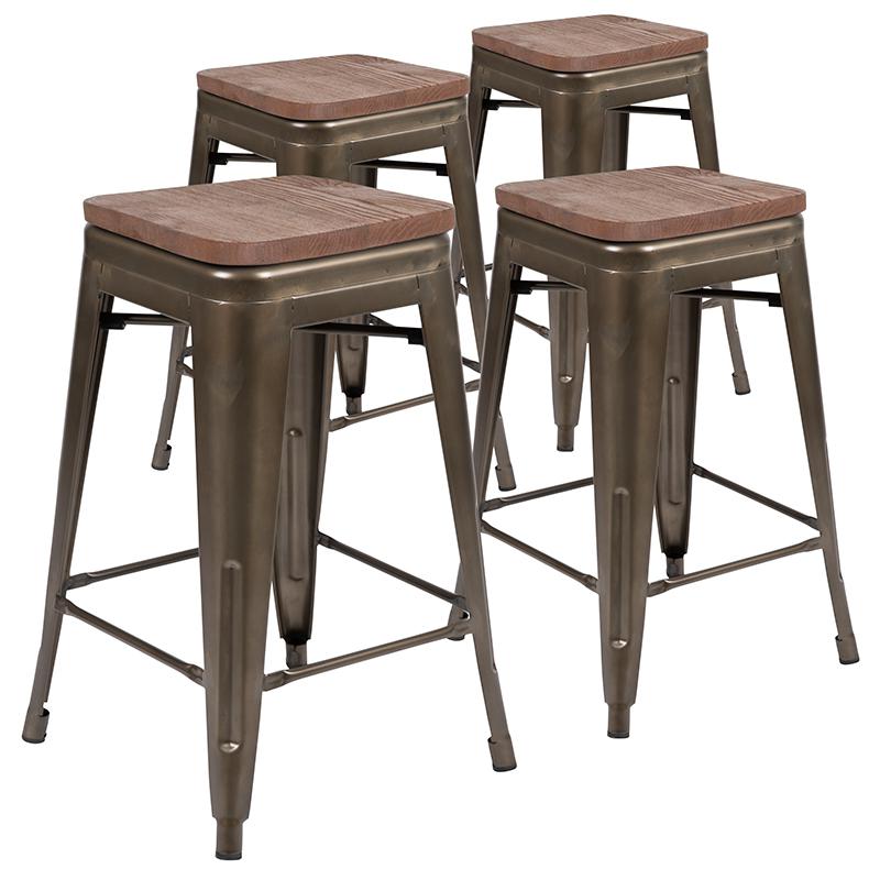 24" High Metal Counter-Height, Indoor Bar Stool with Wood Seat in Gun Metal Gray - Stackable Set of 4. Picture 3