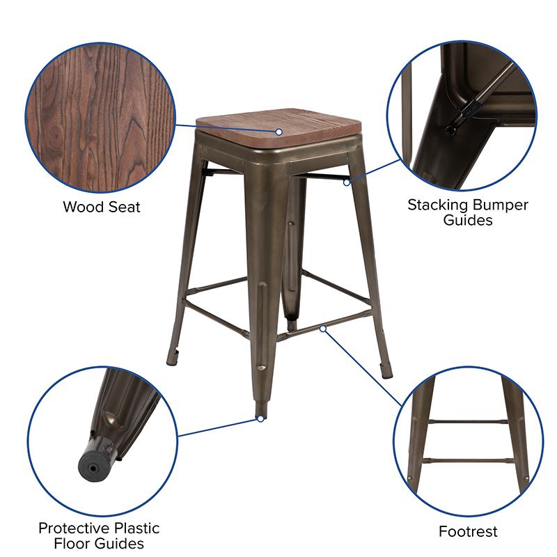 24" High Metal Counter-Height, Indoor Bar Stool with Wood Seat in Gun Metal Gray - Stackable Set of 4. Picture 5