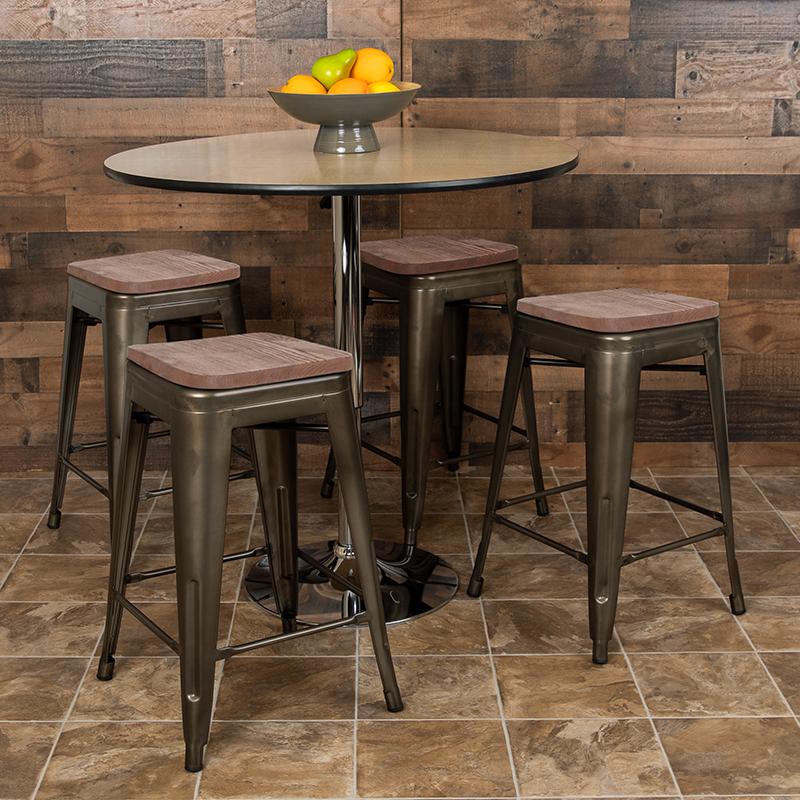 24" High Metal Counter-Height, Indoor Bar Stool with Wood Seat in Gun Metal Gray - Stackable Set of 4. Picture 1