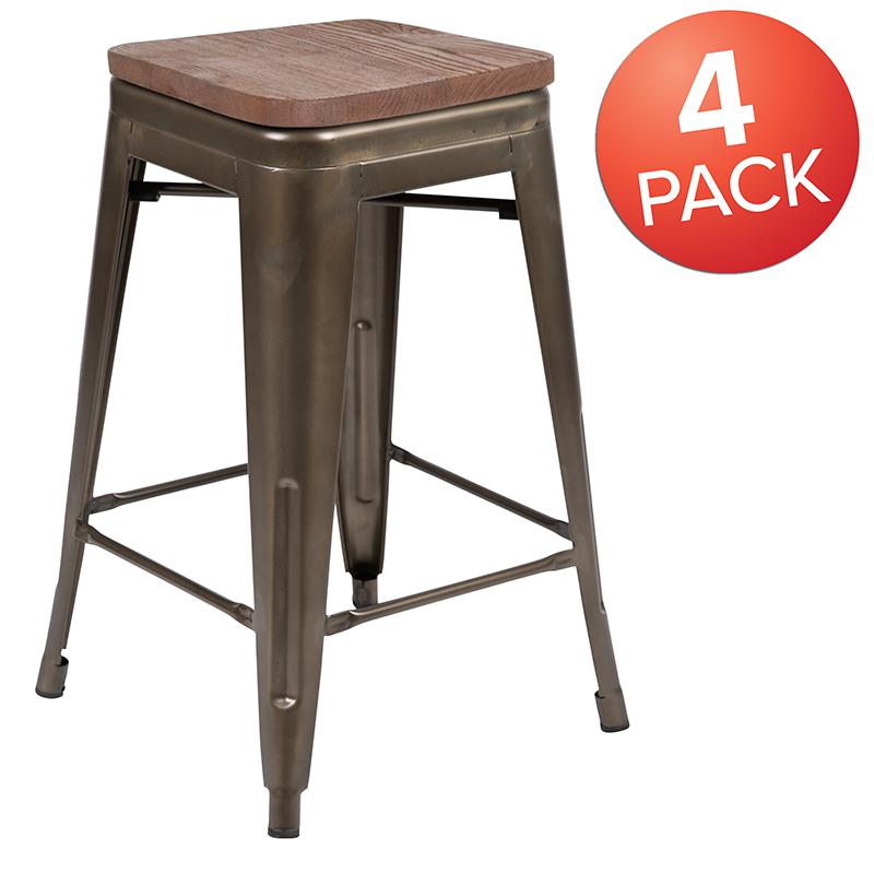 24" High Metal Counter-Height, Indoor Bar Stool with Wood Seat in Gun Metal Gray - Stackable Set of 4. Picture 2