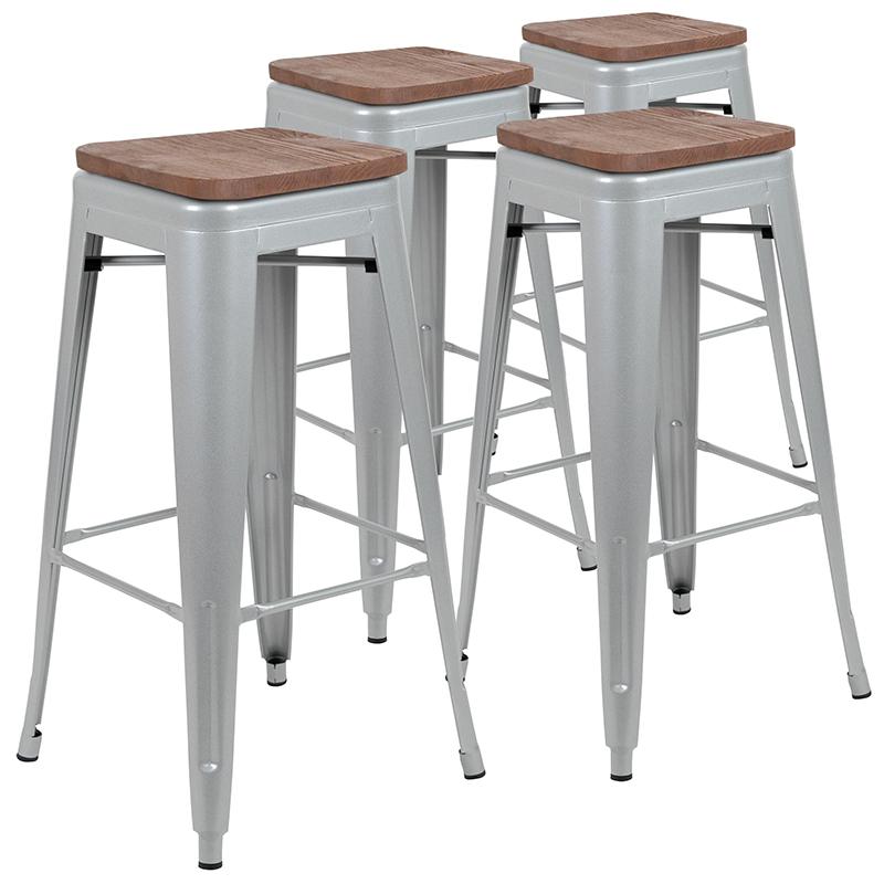 30" High Metal Indoor Bar Stool with Wood Seat in Silver - Stackable Set of 4. Picture 3