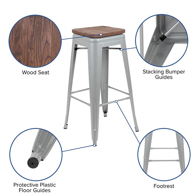 30" High Metal Indoor Bar Stool with Wood Seat in Silver - Stackable Set of 4. Picture 5