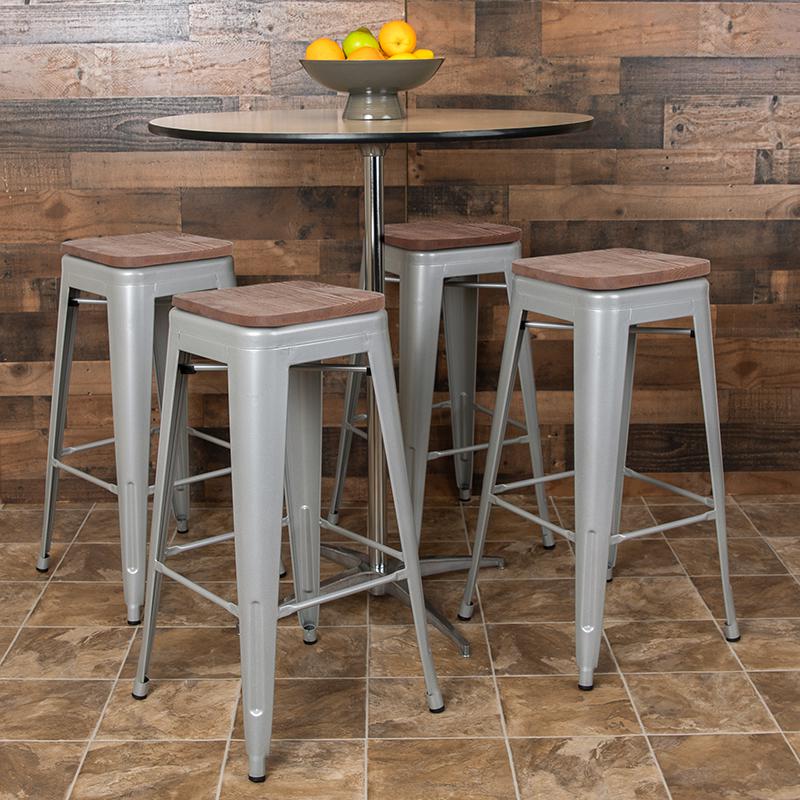 30" High Metal Indoor Bar Stool with Wood Seat in Silver - Stackable Set of 4. Picture 1