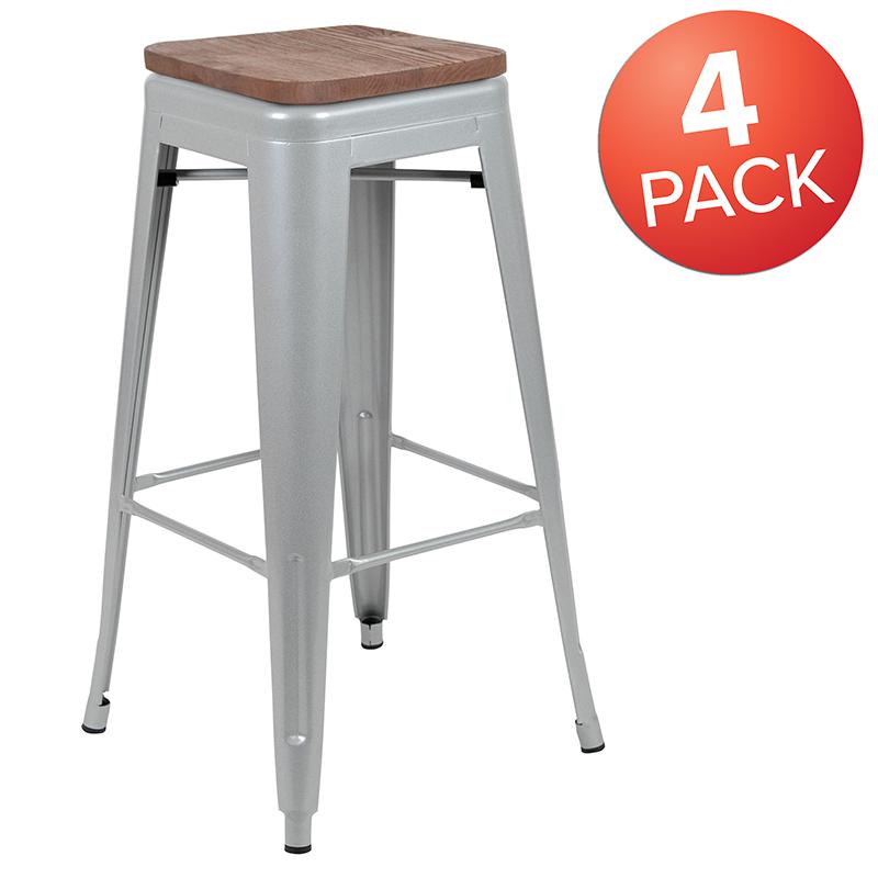 30" High Metal Indoor Bar Stool with Wood Seat in Silver - Stackable Set of 4. Picture 2