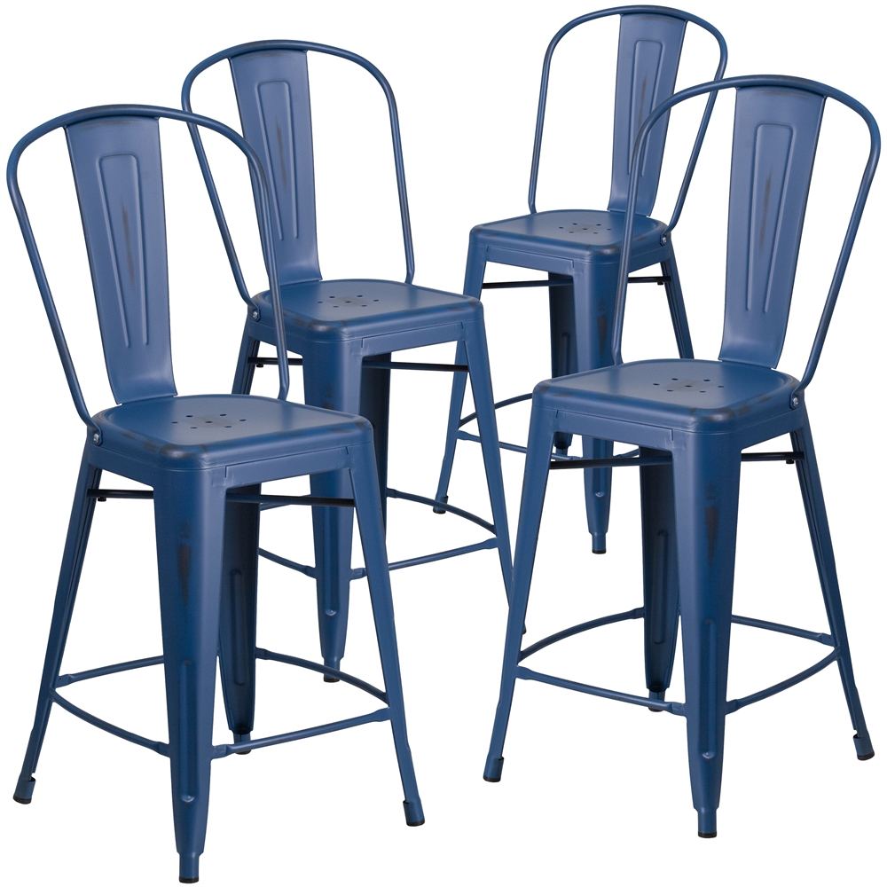 4 Pk. 24'' High Distressed Antique Blue Metal Indoor-Outdoor Counter Height Stool with Back. Picture 1