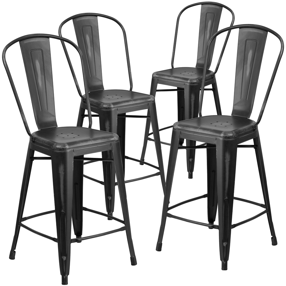 4 Pk. 24'' High Distressed Black Metal Indoor Counter Height Stool with Back. Picture 1